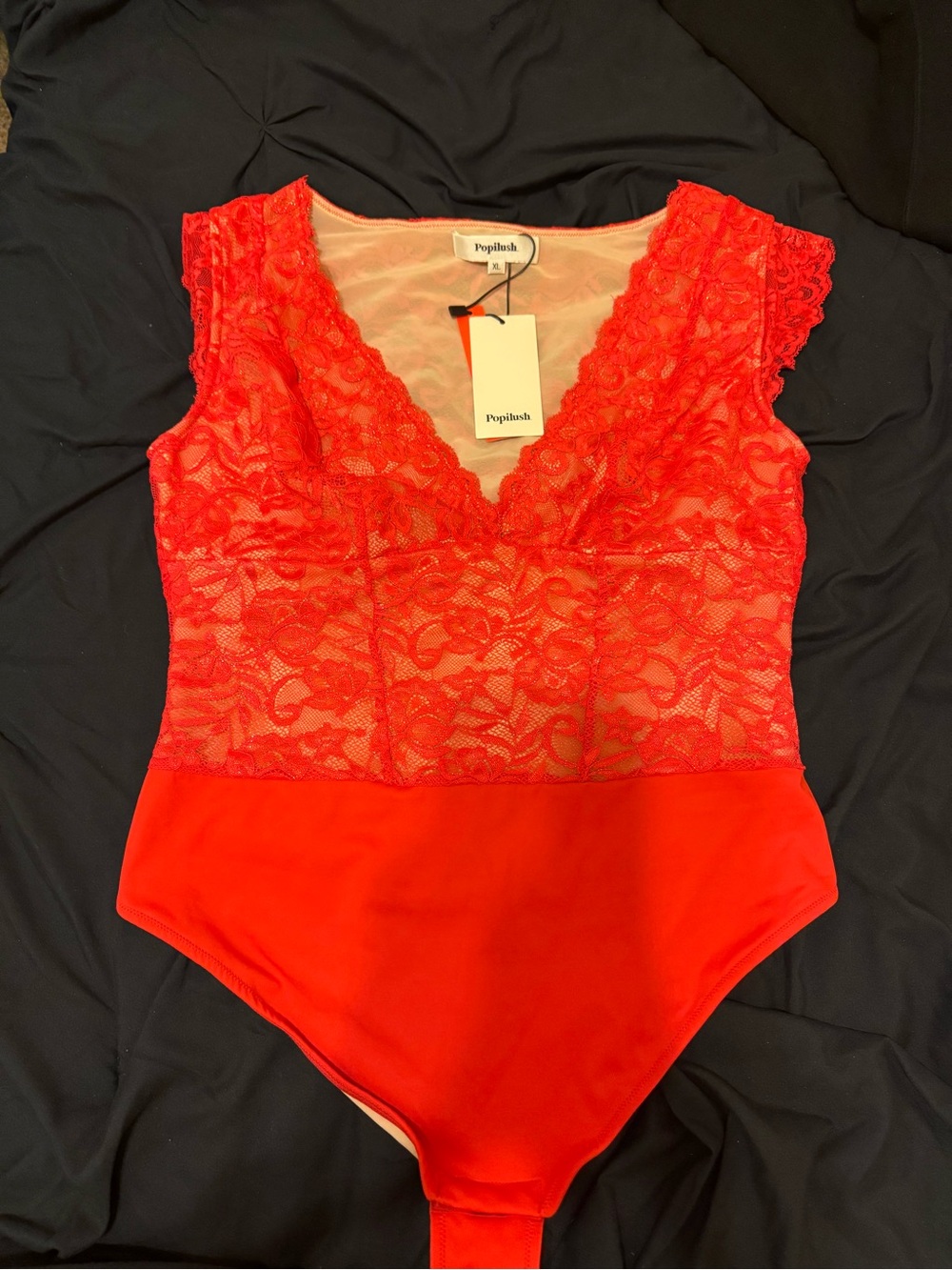 Poplush Red Lace V-Neck Cap-Sleeve Bodysuit
